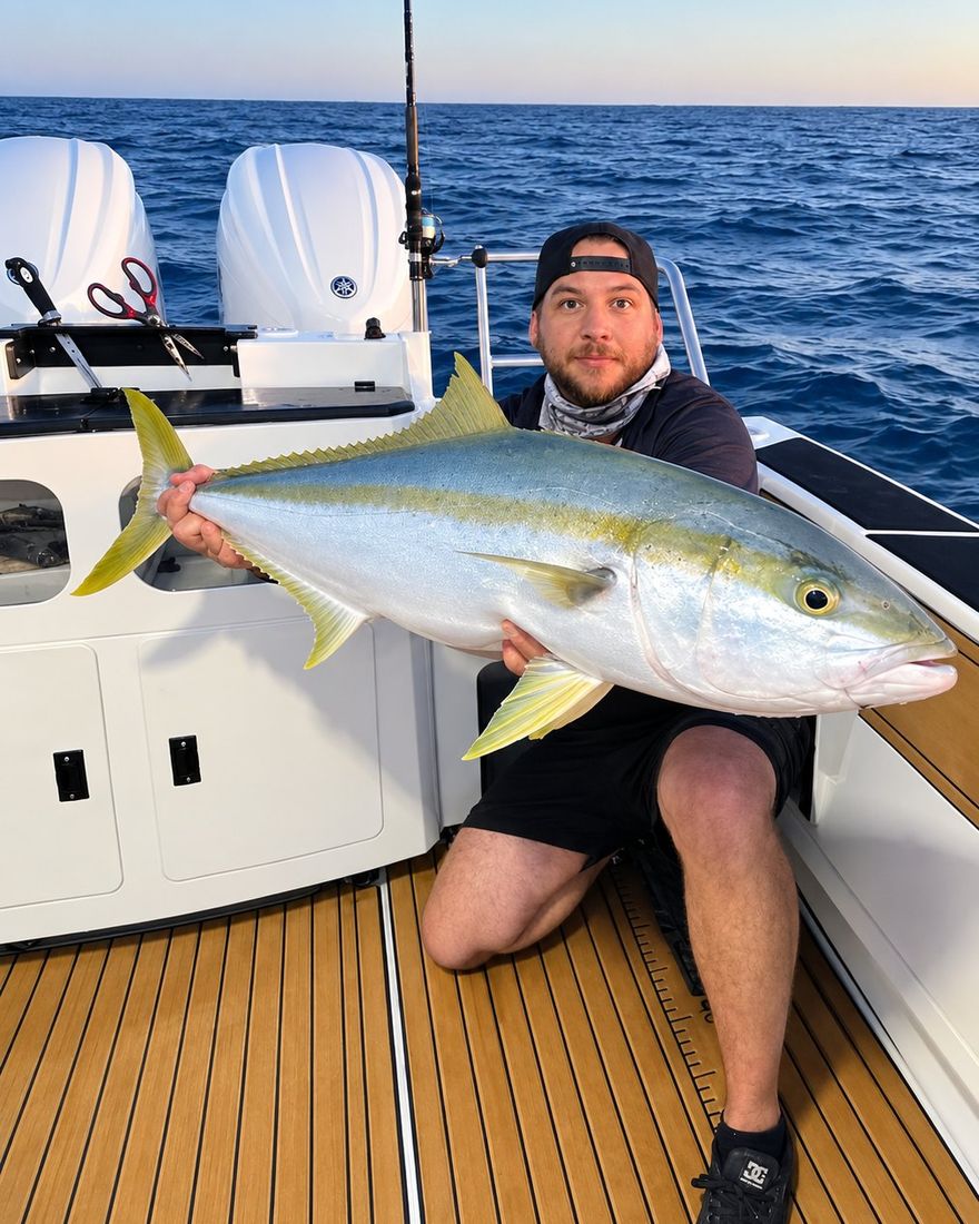 An angler kneels on a boat deck holding a large yellowtail kingfish, with blue ocean and a clear sky behind.